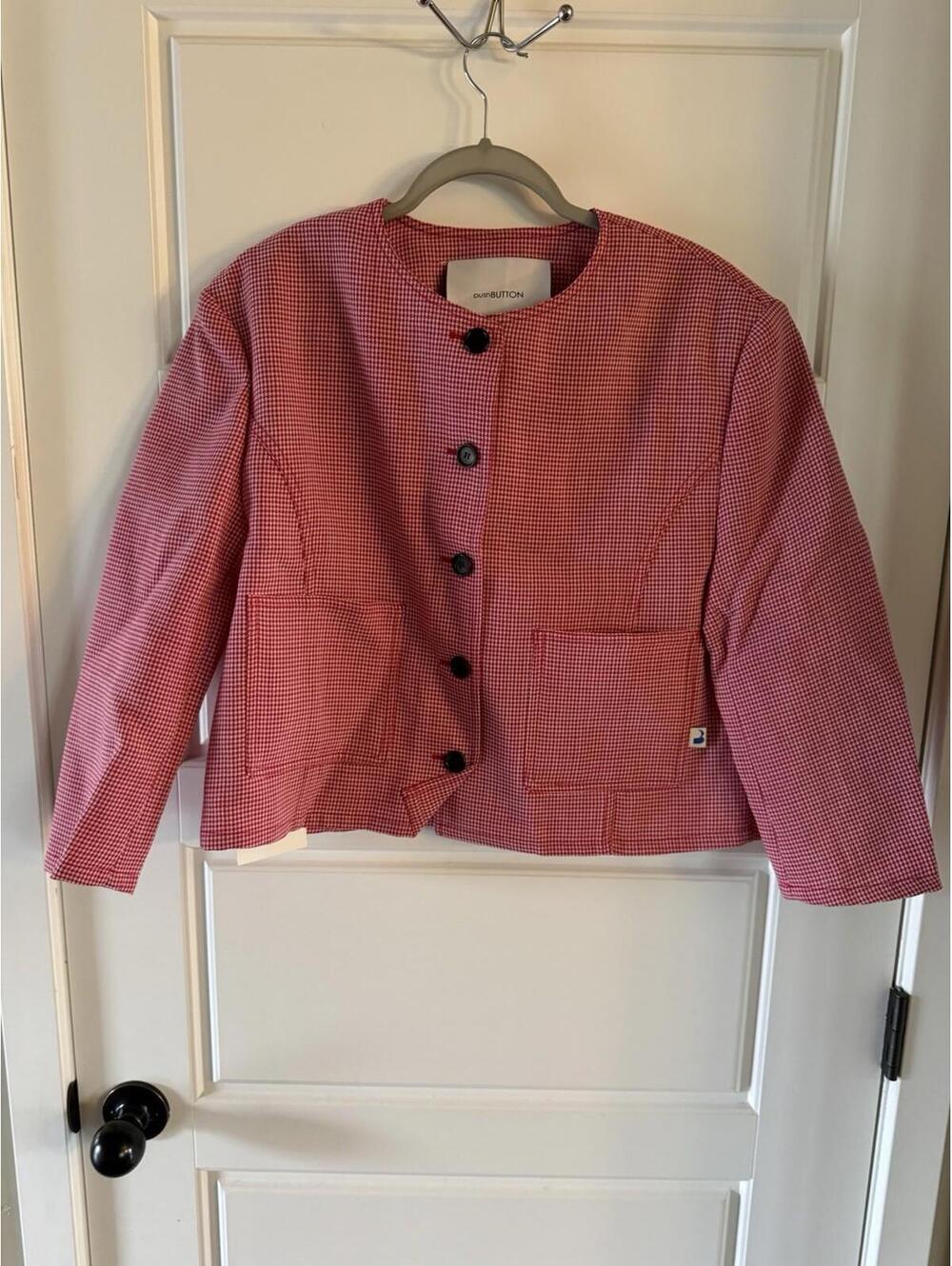 Push Button Market Check Collarless Fitted Jacket Color Red Check Size M $725
